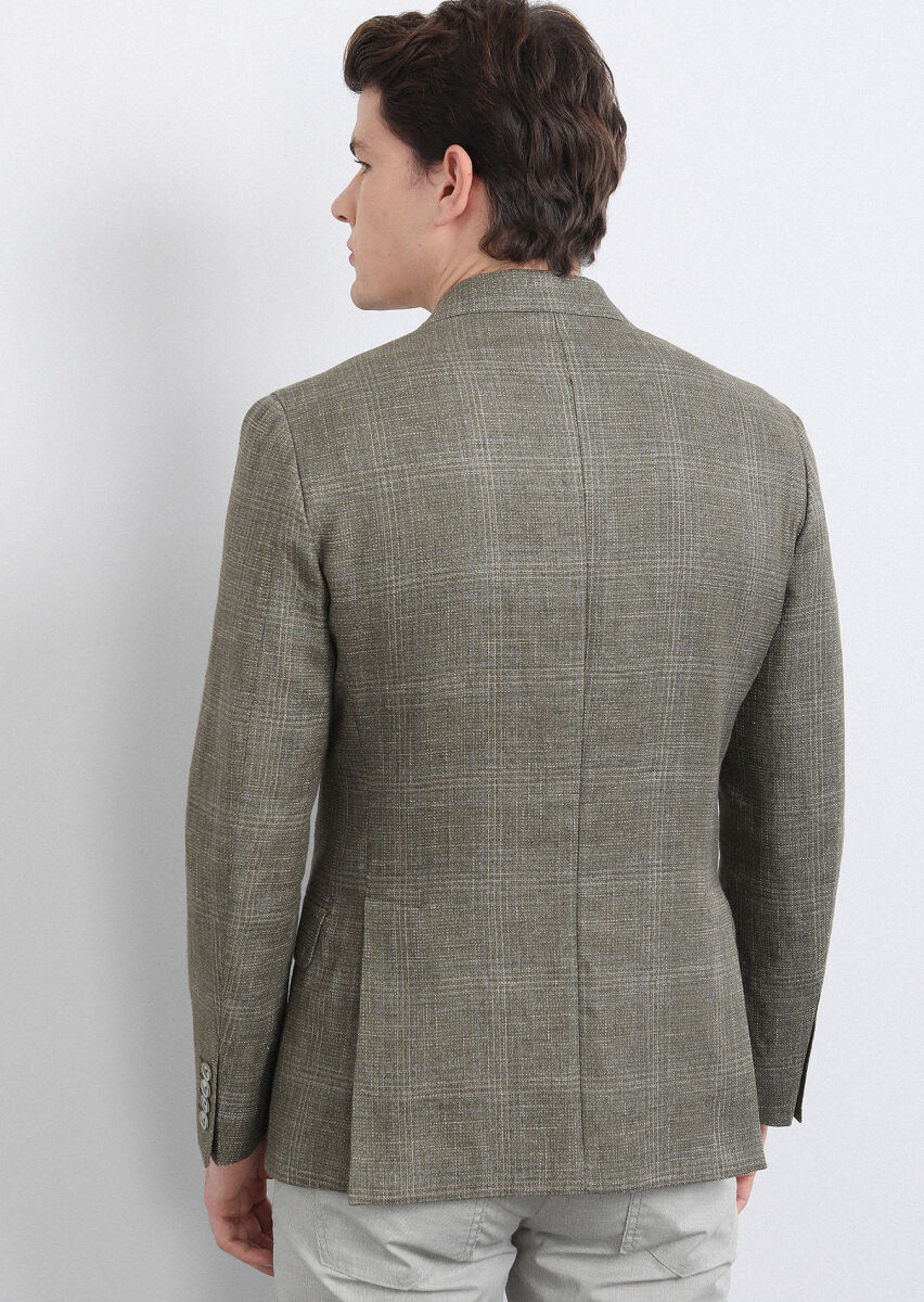 Khaki Checkered Shirt Shoulder Slim Fit Cotton Blended Jacket - 5