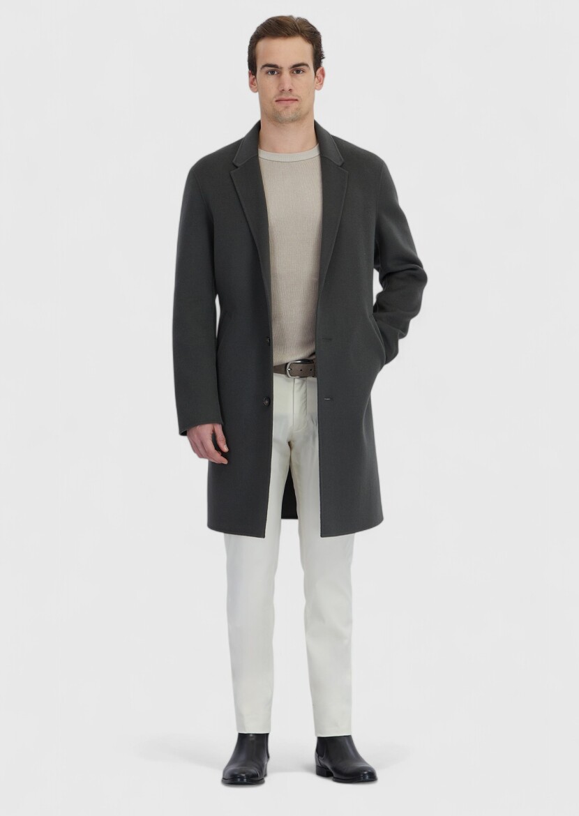 Khaki Regular Fit Butterfly Collar Classical Weaving Overcoat - RAMSEY