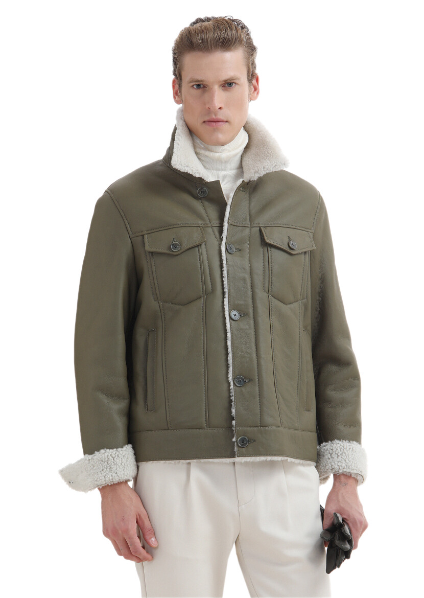 Khaki Regular Fit Shirt Collar Casual Fur Leather Coat - RAMSEY