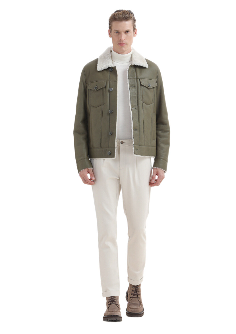 Khaki Regular Fit Shirt Collar Casual Fur Leather Coat - RAMSEY