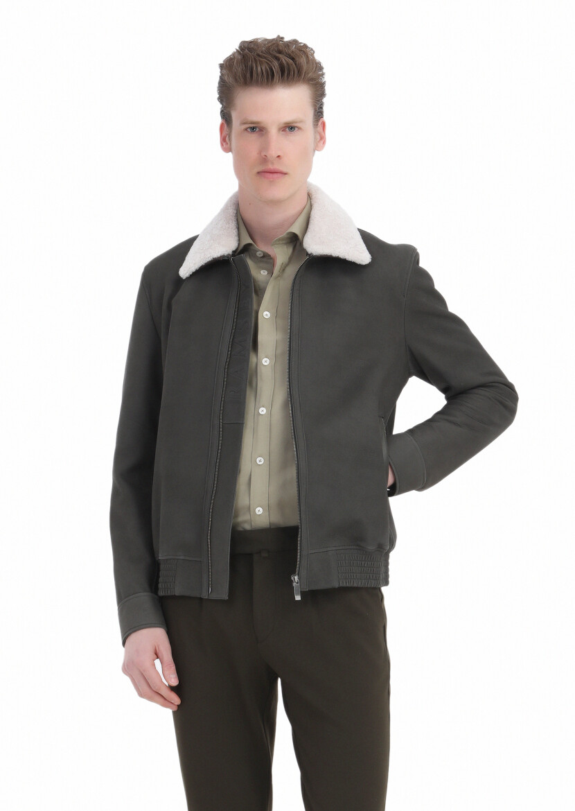 Khaki Regular Fit Shirt Collar Casual Suede Leather Coat - RAMSEY
