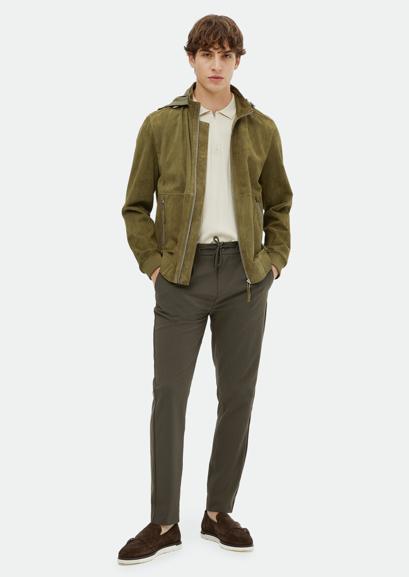 Khaki Regular Fit Turtleneck Casual Suede Leather Coat - RAMSEY