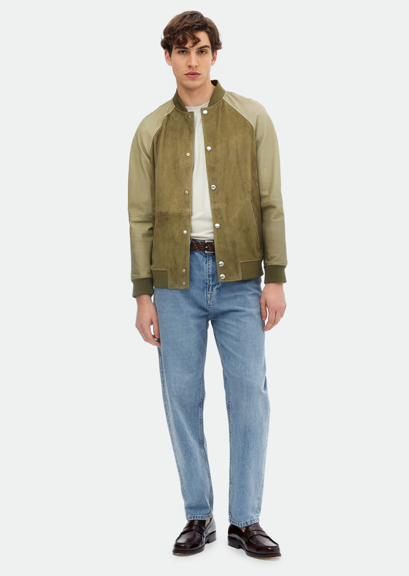 Khaki Regular Fit Turtleneck Casual Suede Leather Coat - RAMSEY