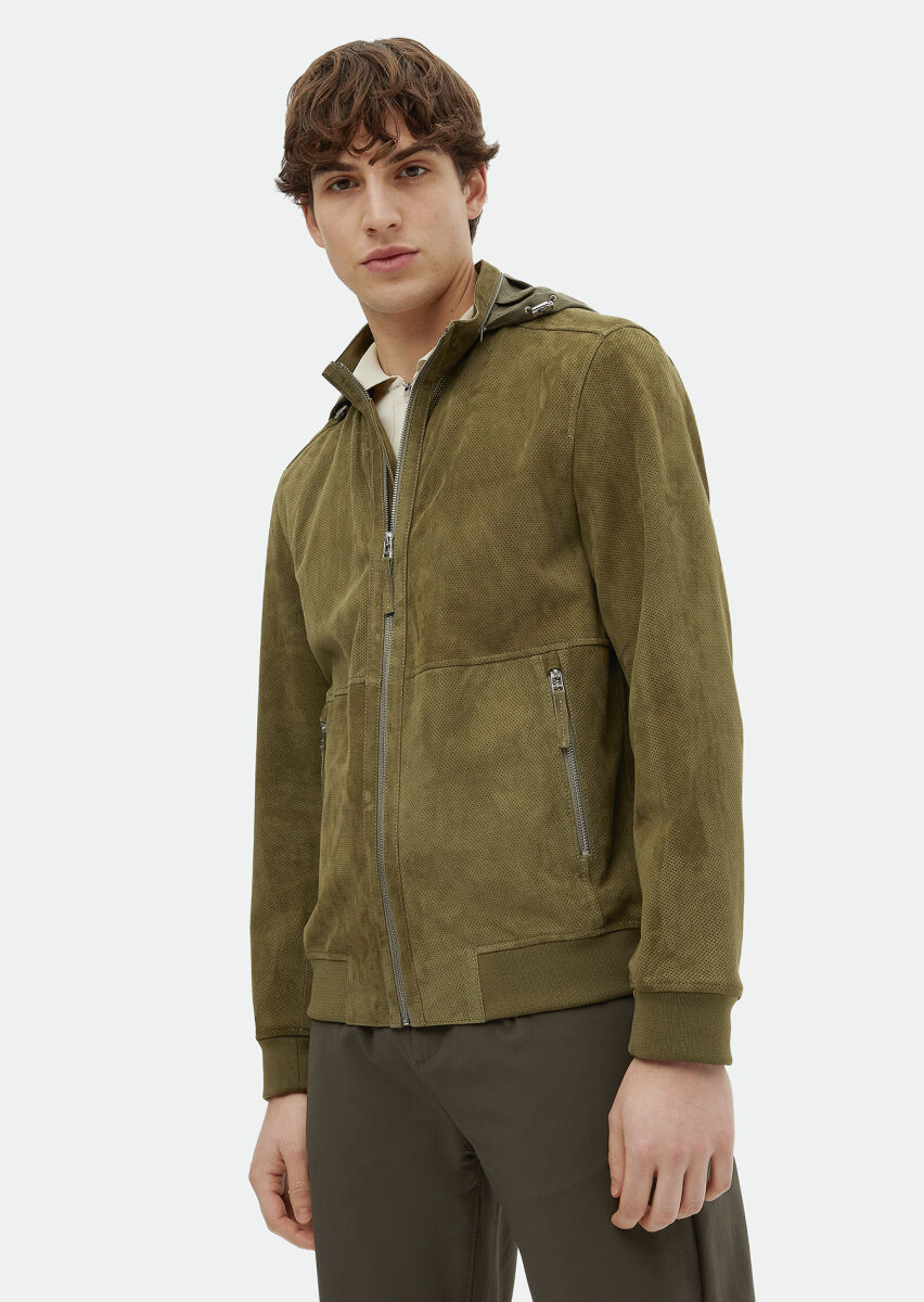 Khaki Suede Leather Coat - 3