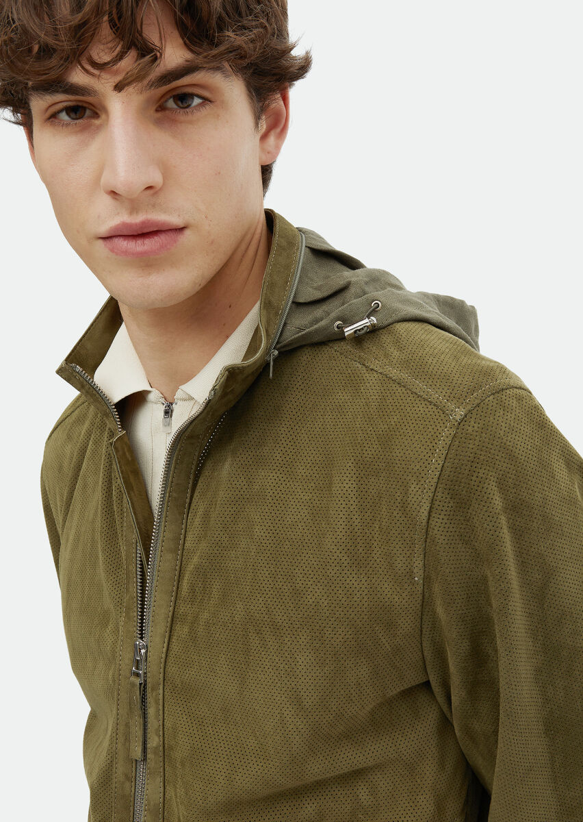 Khaki Suede Leather Coat - 4