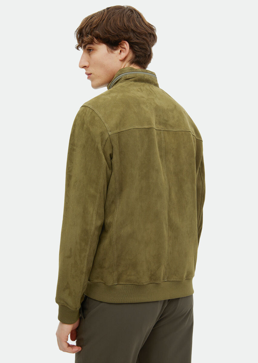 Khaki Suede Leather Coat - 6