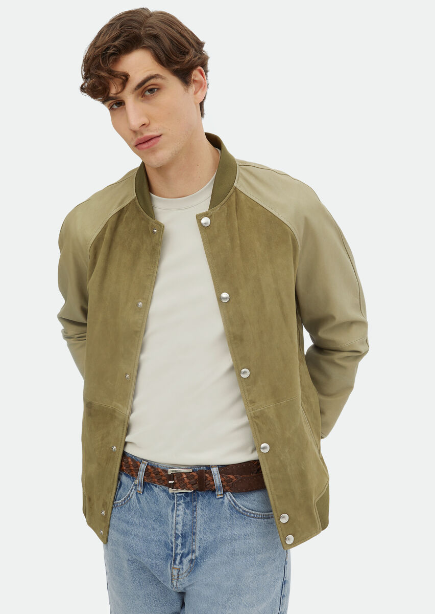 Khaki Suede Leather Coat - 1