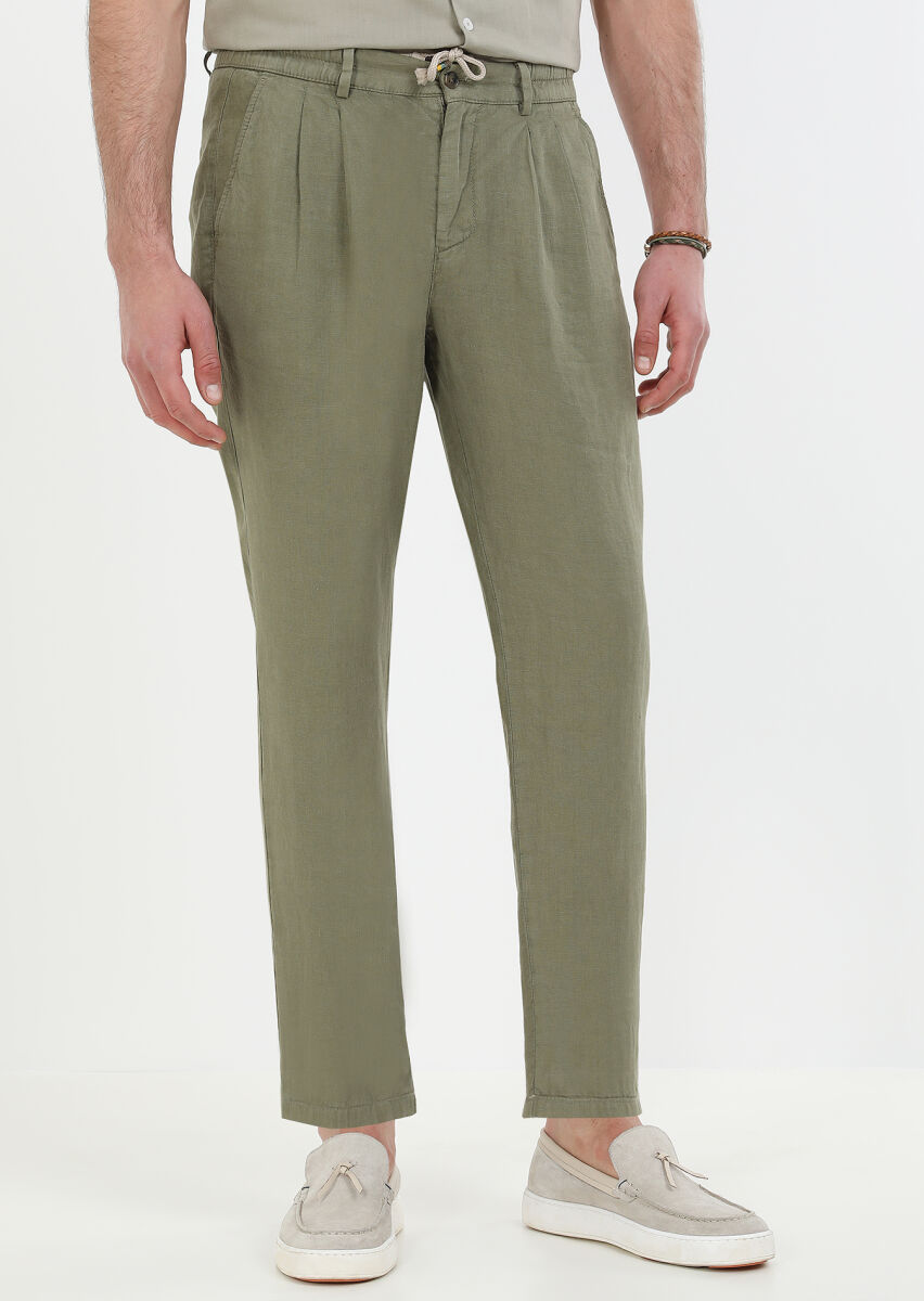 Khaki Weaving Casual 100% Linen Trousers - 1