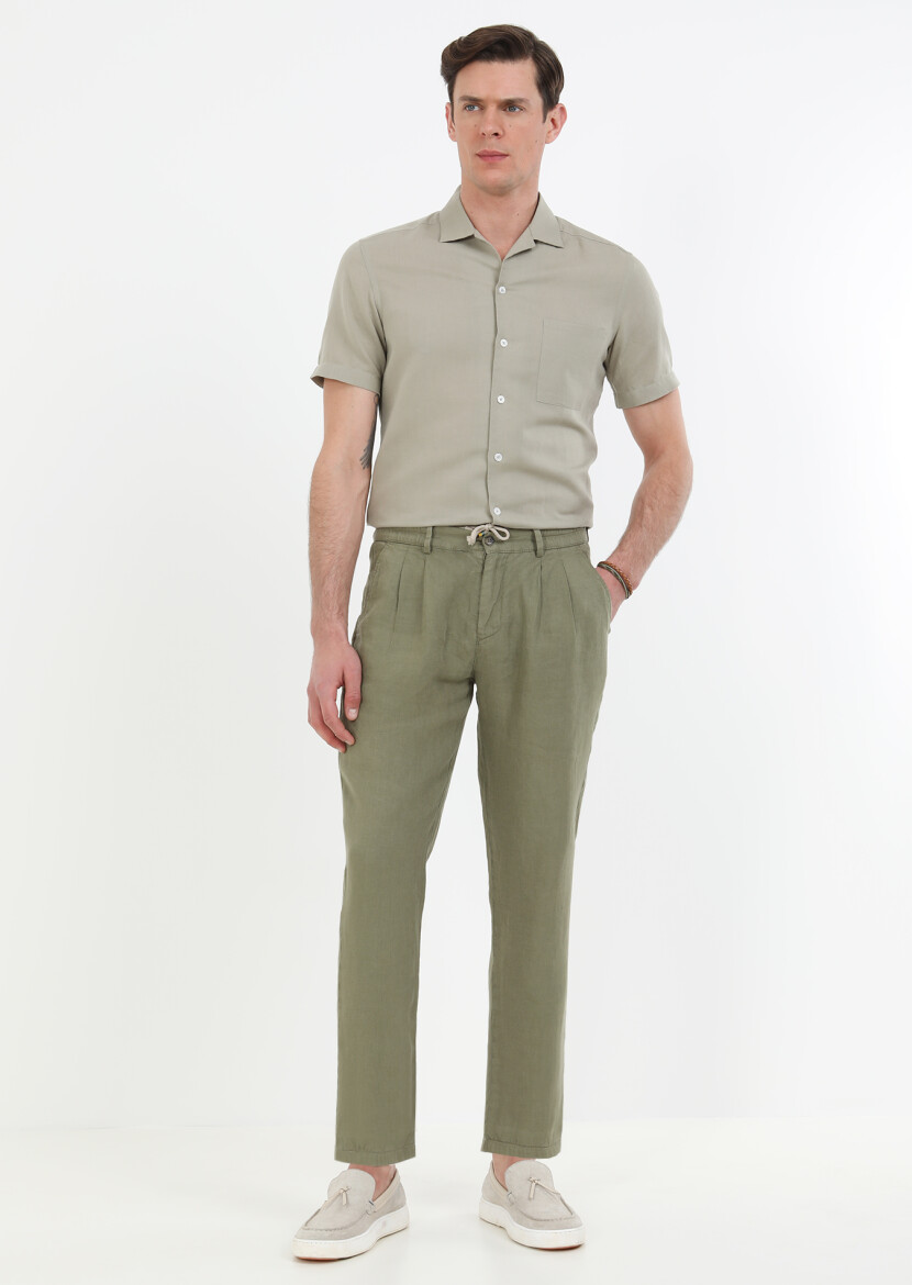 Khaki Weaving Casual 100% Linen Trousers - 2