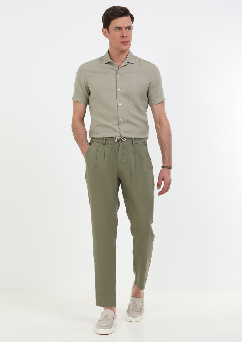 Khaki Weaving Casual 100% Linen Trousers - 3