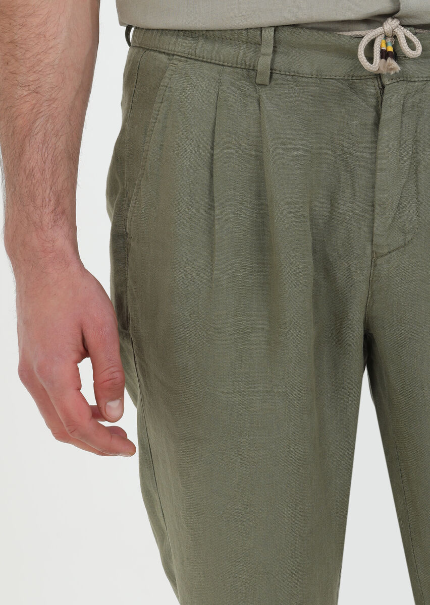 Khaki Weaving Casual 100% Linen Trousers - 4