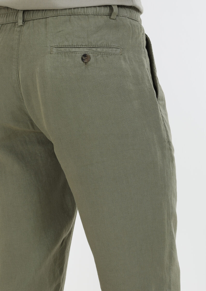 Khaki Weaving Casual 100% Linen Trousers - 6