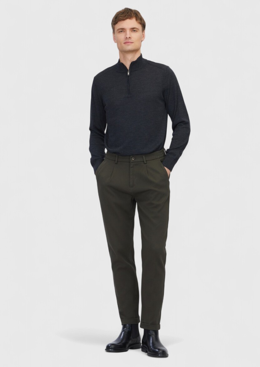 Khaki Weaving Jogging Fit Casual Cotton Blended Trousers - RAMSEY