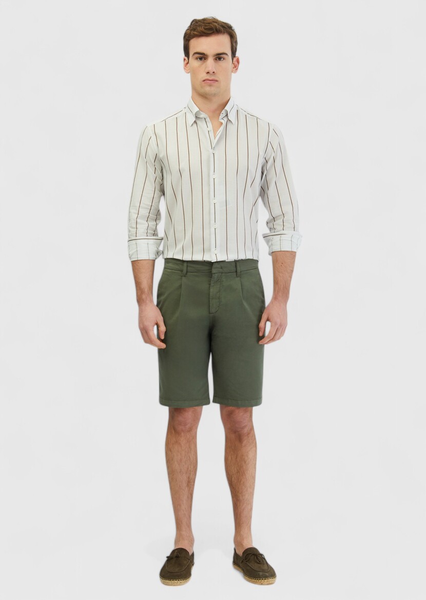 Khaki Weaving Regular Fit Casual Cotton Blended Bermuda - 1