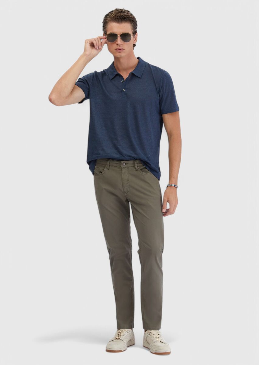 Khaki Weaving Slim Fit Casual Cotton Blended Trousers - 1
