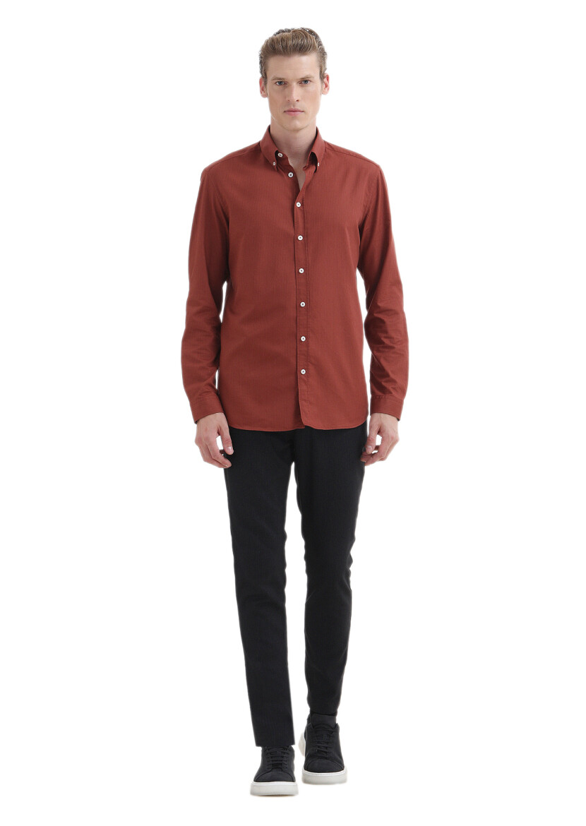 Kiremit Düz Regular Fit Dokuma Casual %100 Pamuk Gömlek 