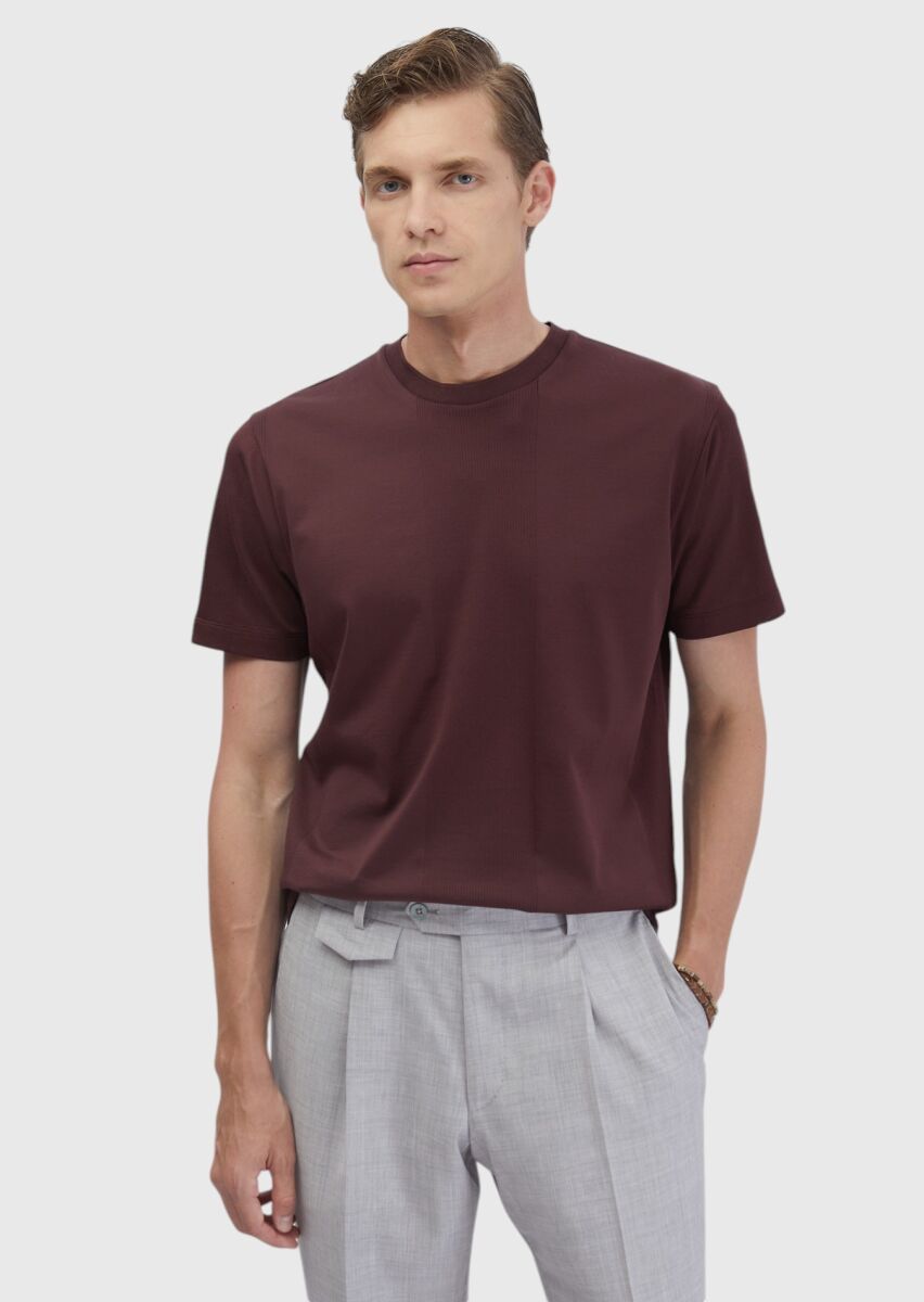 Kiremit Jakarlı Bisiklet Yaka %100 Pamuk T-Shirt - 1