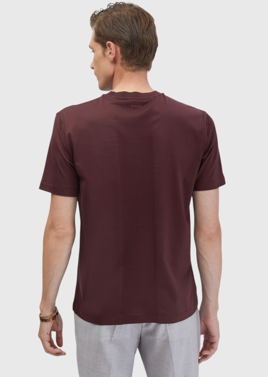 Kiremit Jakarlı Bisiklet Yaka %100 Pamuk T-Shirt - 5