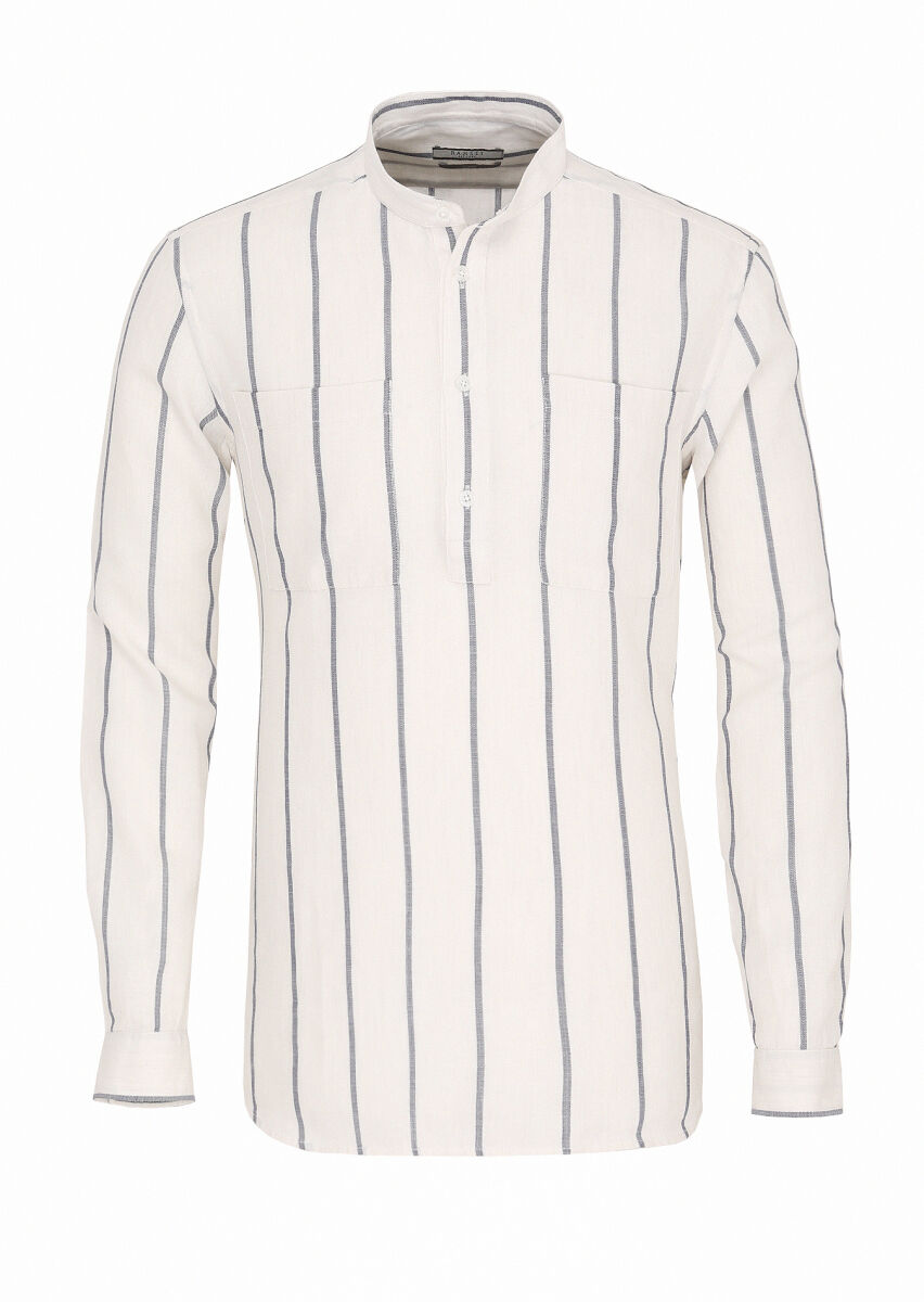 Kırık Beyaz Çizgili Regular Fit Dokuma Casual %100 Pamuk Gömlek - 1