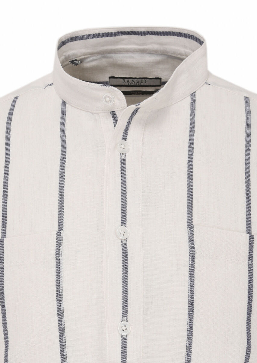 Kırık Beyaz Çizgili Regular Fit Dokuma Casual %100 Pamuk Gömlek - 2
