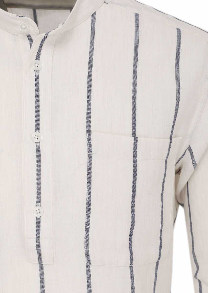 Kırık Beyaz Çizgili Regular Fit Dokuma Casual %100 Pamuk Gömlek - 3