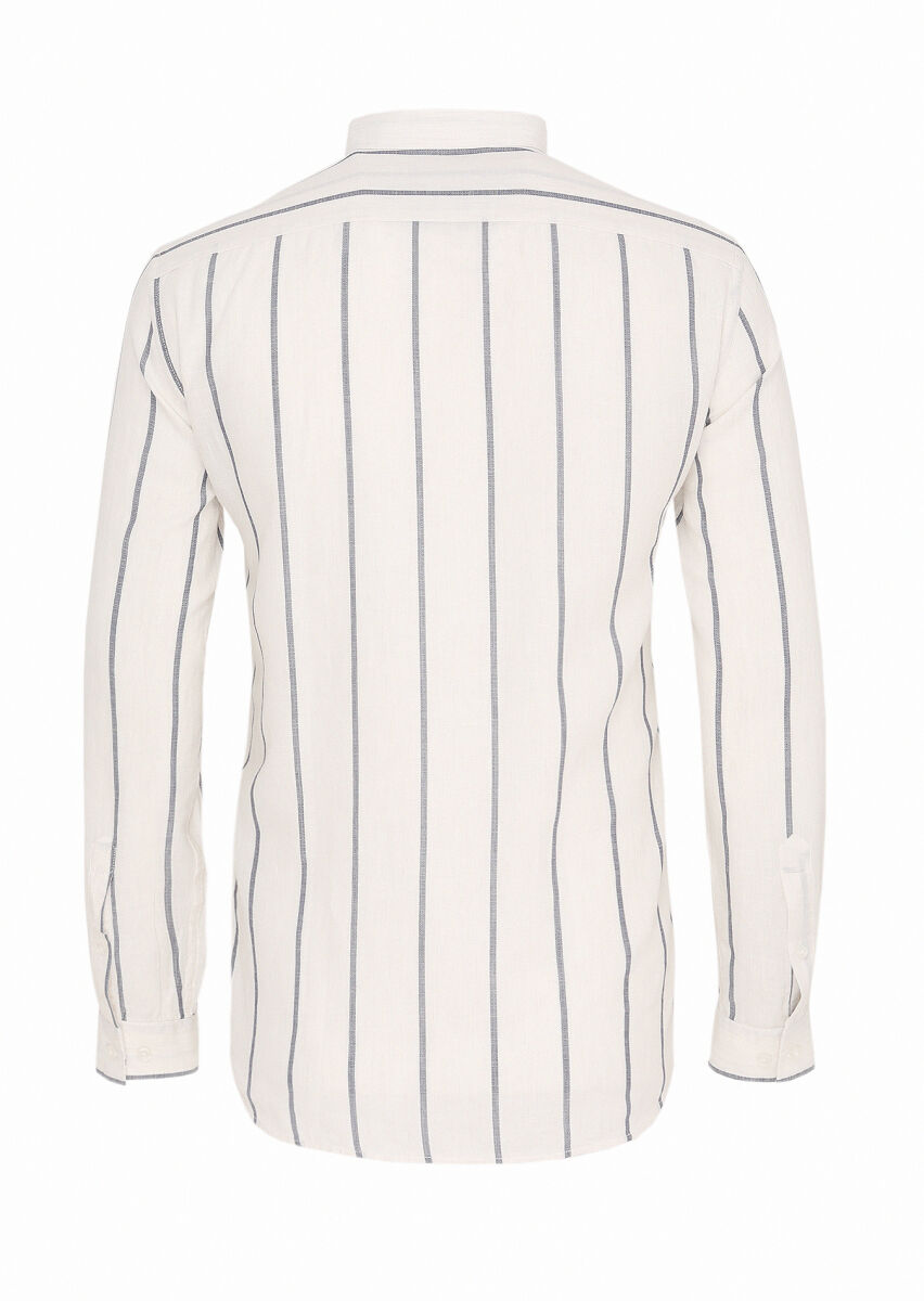 Kırık Beyaz Çizgili Regular Fit Dokuma Casual %100 Pamuk Gömlek - 6