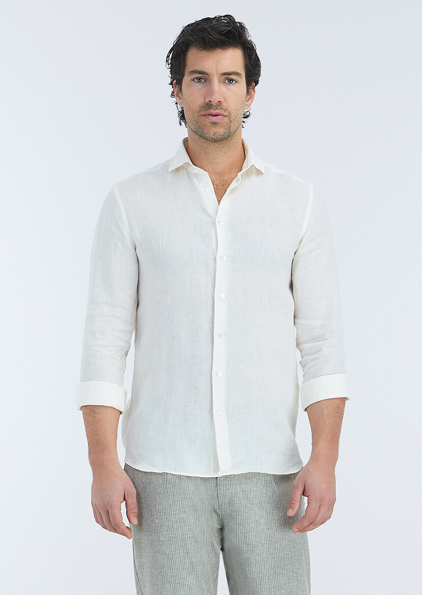 Kırık Beyaz Düz Regular Fit Dokuma Casual %100 Keten Gömlek 