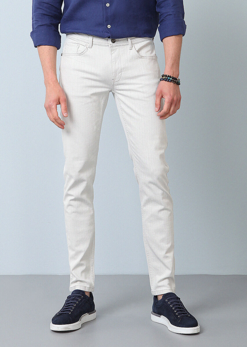 Kırık Beyaz Düz Slim Fit Denim Pamuk Karışımlı Pantolon - 2