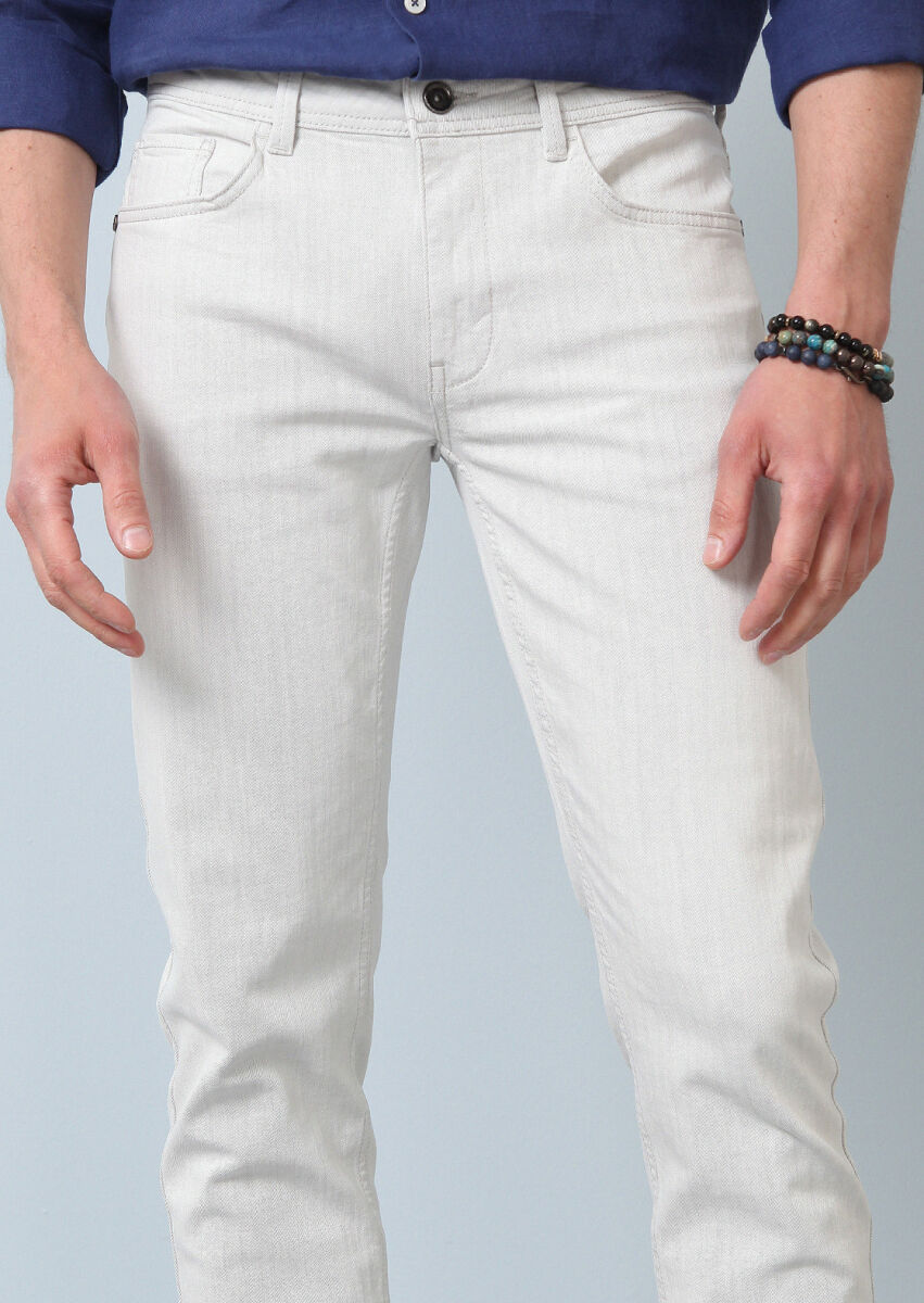 Kırık Beyaz Düz Slim Fit Denim Pamuk Karışımlı Pantolon - 3