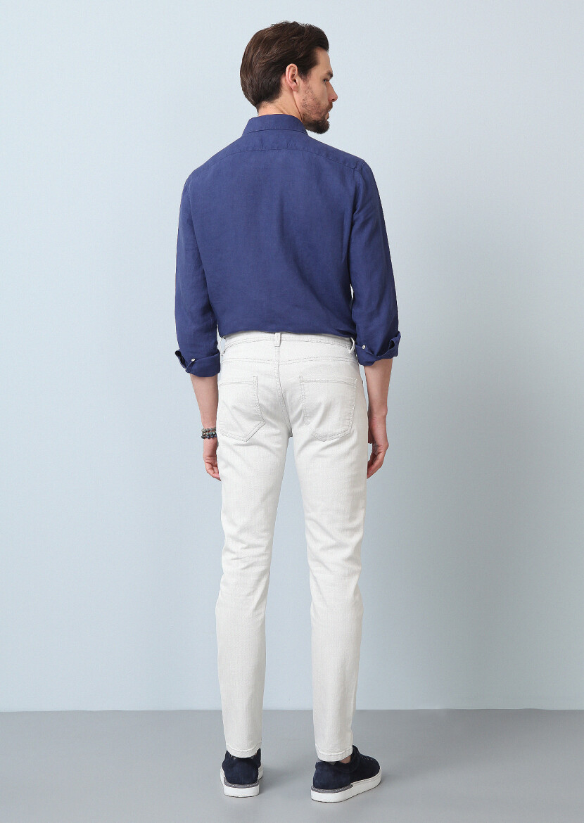 Kırık Beyaz Düz Slim Fit Denim Pamuk Karışımlı Pantolon - 5