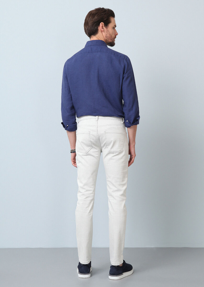 Kırık Beyaz Düz Slim Fit Denim Pamuk Karışımlı Pantolon - 5