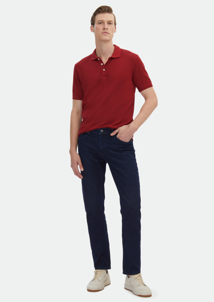 Kırmızı Jakarlı Polo Yaka %100 Pamuk T-Shirt 