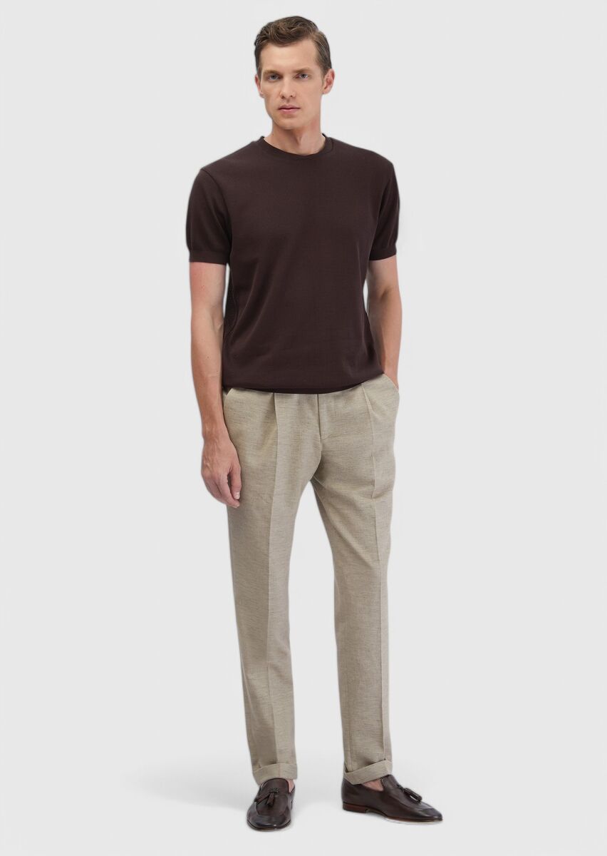 Koyu Bej Düz Kumaş Regular Fit Casual Pamuk Karışımlı Pantolon - 1