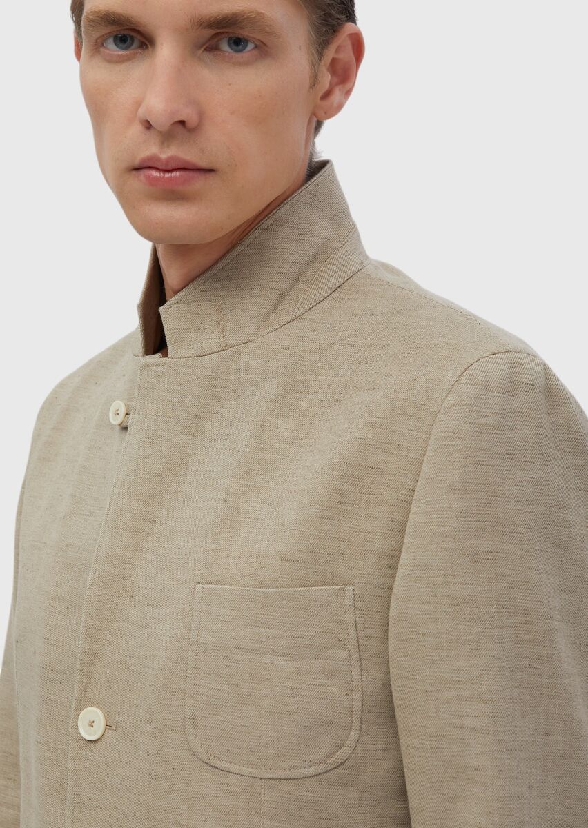 Koyu Bej Düz Shirt Shoulder Slim Fit Pamuk Karışımlı Ceket - 8