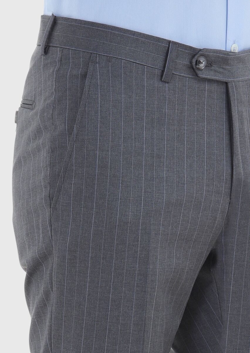 Koyu Gri Çizgili Kumaş Modern Fit Klasik %100 Yün Pantolon - 3