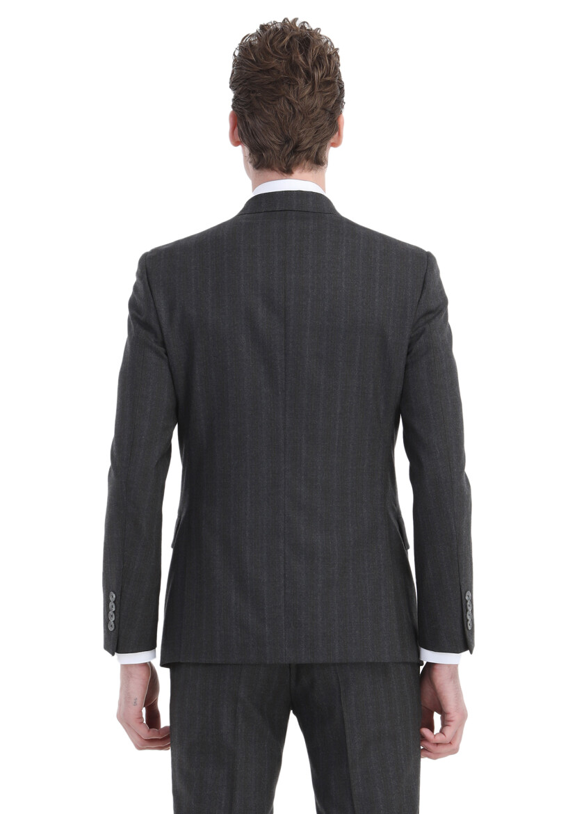 Koyu Gri Çizgili Zeroweight Slim Fit Yün Karışımlı Takım Elbise - 8