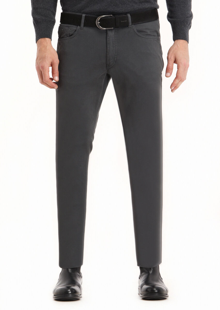 Koyu Gri Düz Dokuma Slim Fit Casual Pamuk Karışımlı Pantolon - 2