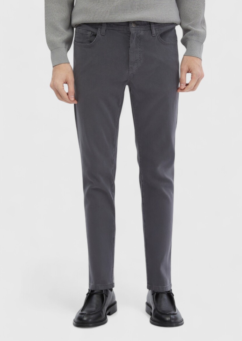 Koyu Gri Düz Dokuma Slim Fit Casual Pamuk Karışımlı Pantolon 