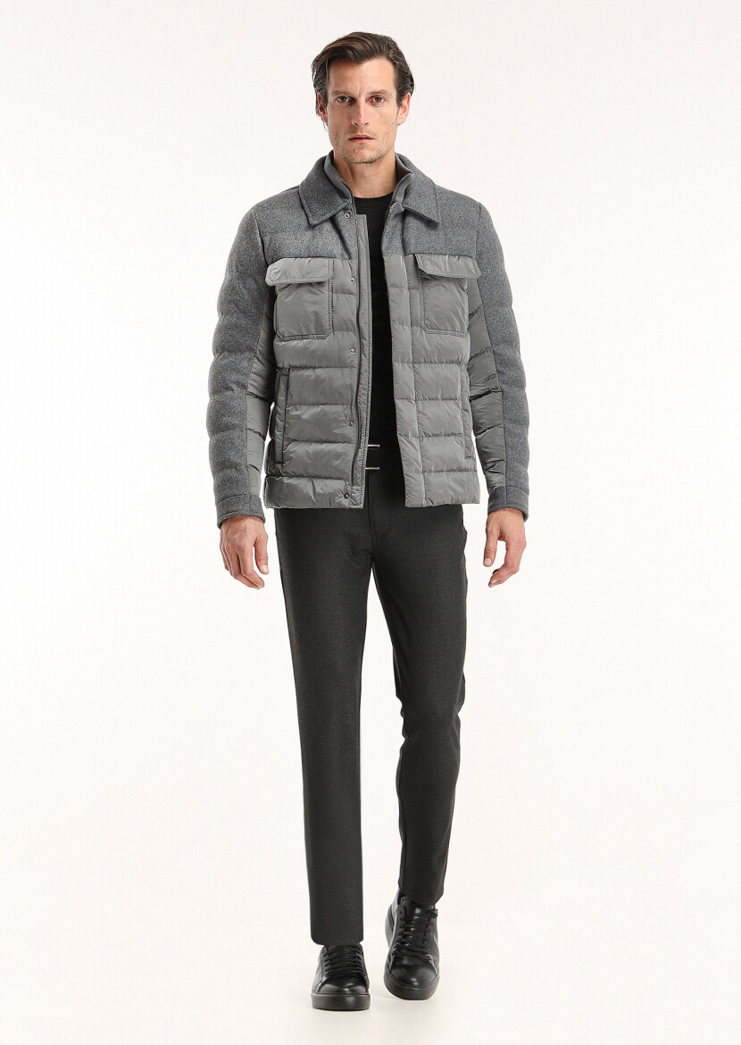 Koyu Gri Regular Fit Gömlek Yaka Casual Dokuma Mont - 1