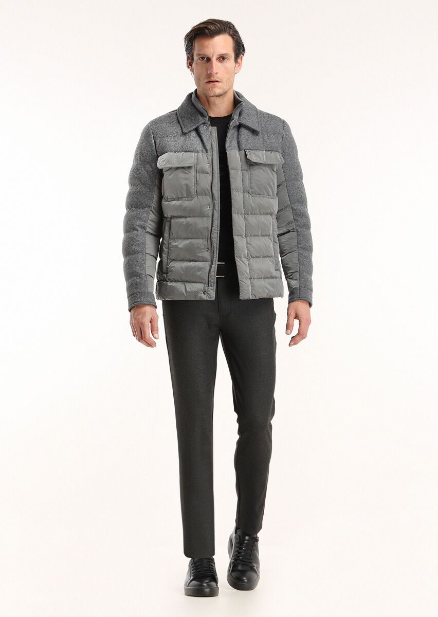 Koyu Gri Regular Fit Gömlek Yaka Casual Dokuma Mont - 1