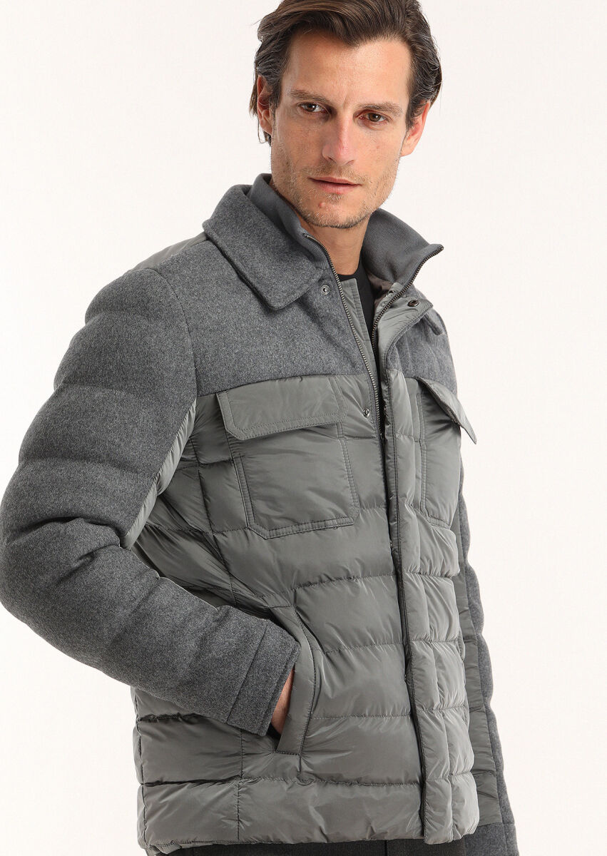 Koyu Gri Regular Fit Gömlek Yaka Casual Dokuma Mont - 3