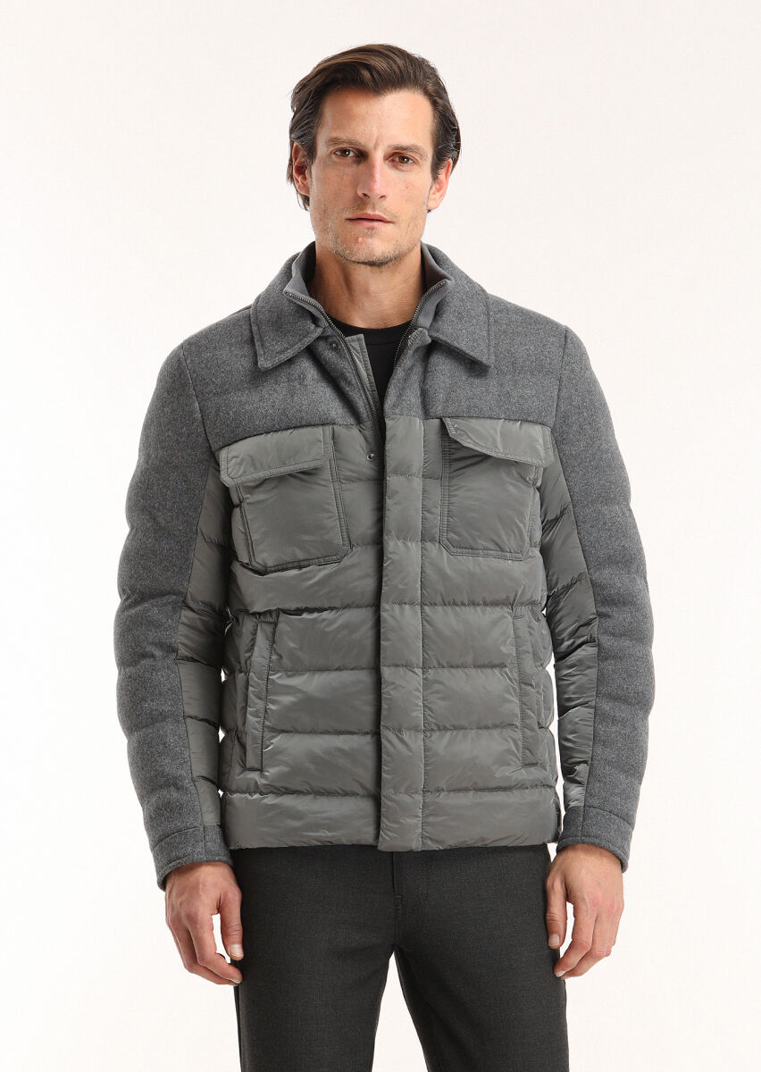 Koyu Gri Regular Fit Gömlek Yaka Casual Dokuma Mont - 4