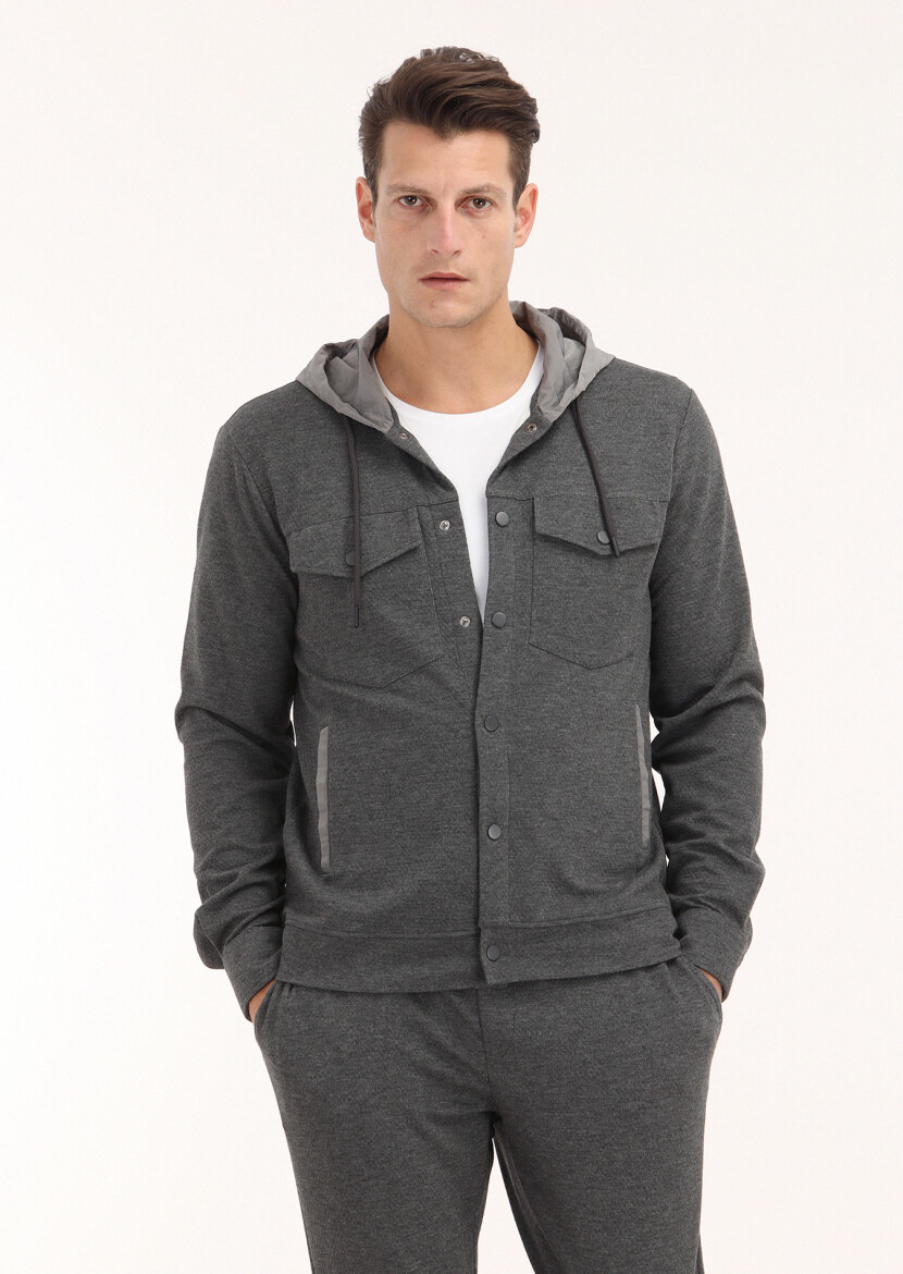 Koyu Gri Regular Fit Örme Spor Ceket 