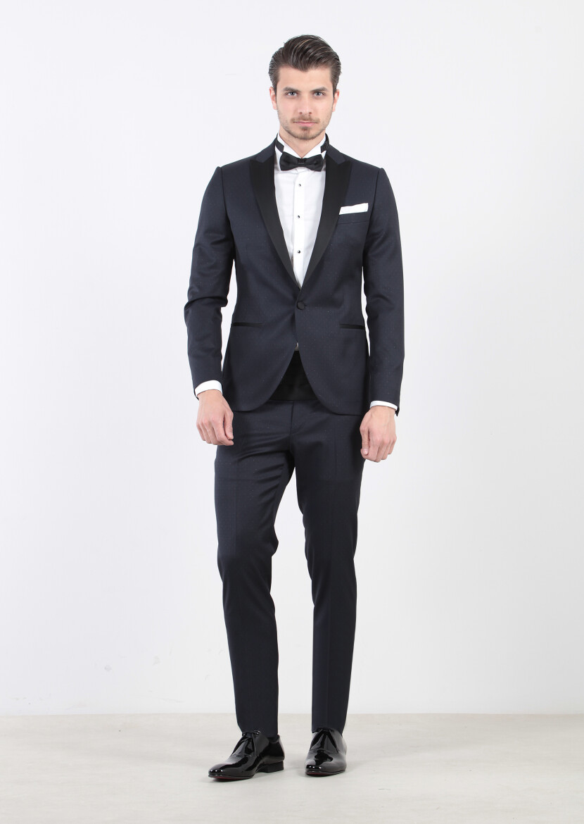 Koyu Lacivert Desenli Fashion Slim Fit Kruvaze Yaka Dokuma Smokin Takım Elbise - 1