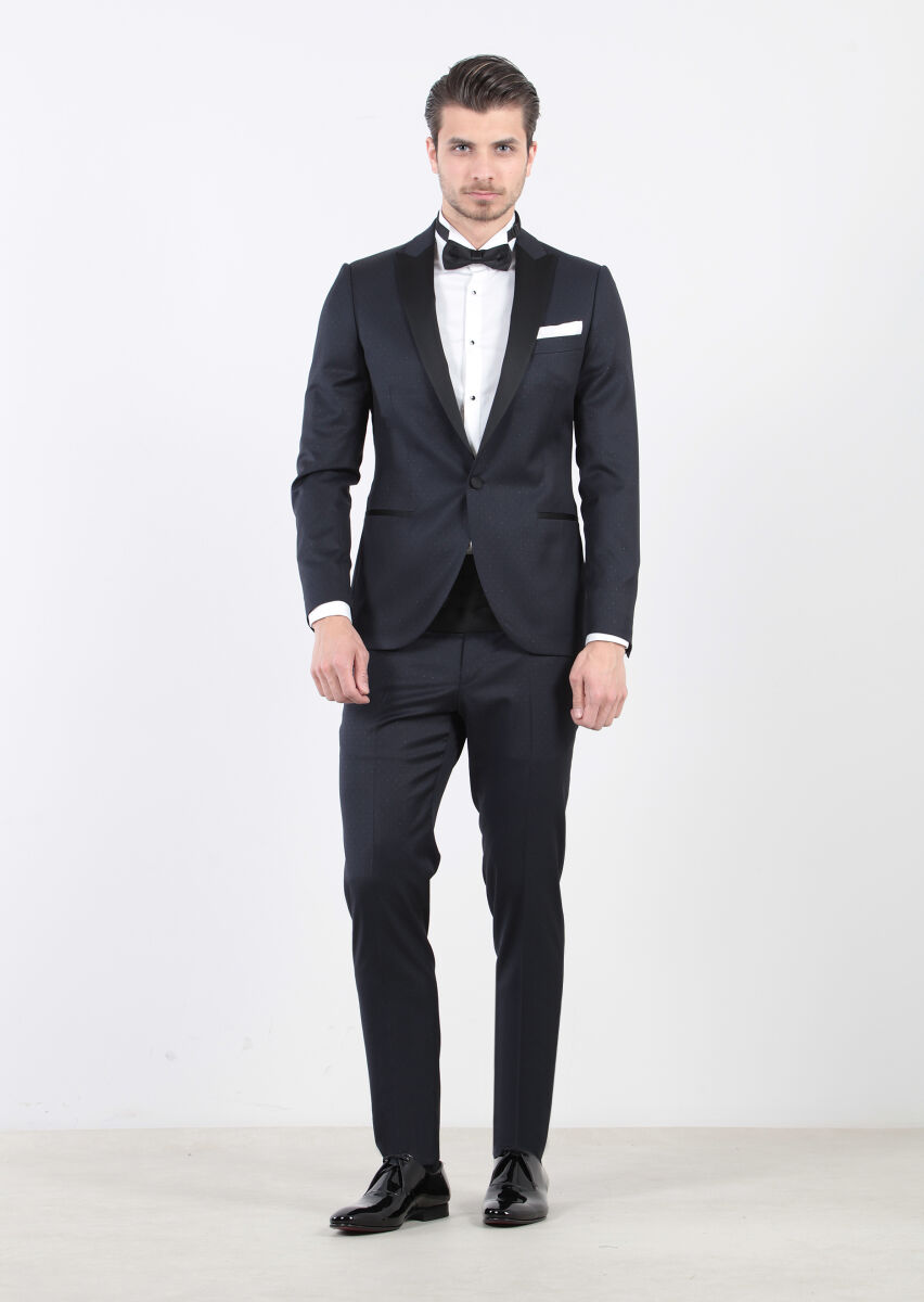 Koyu Lacivert Desenli Fashion Slim Fit Kruvaze Yaka Dokuma Smokin Takım Elbise - 1