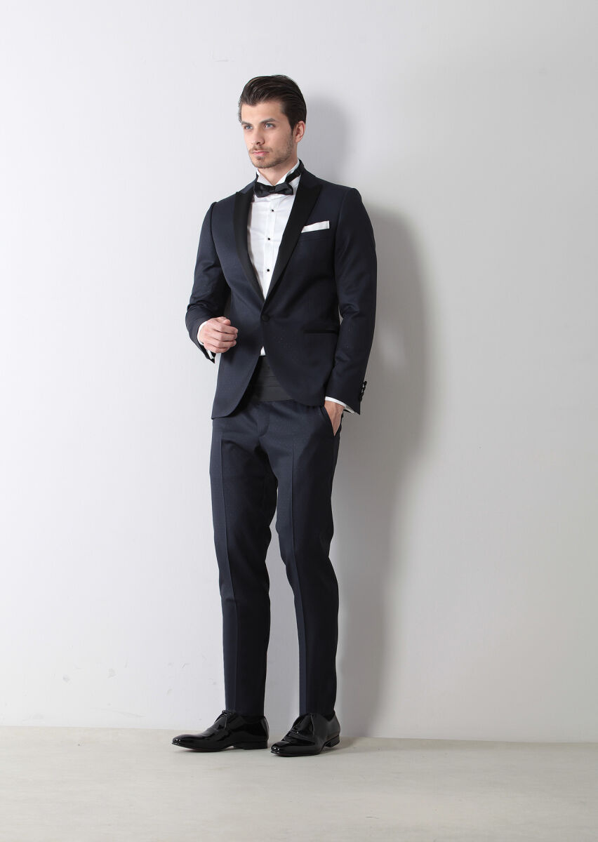 Koyu Lacivert Desenli Fashion Slim Fit Kruvaze Yaka Dokuma Smokin Takım Elbise - 2