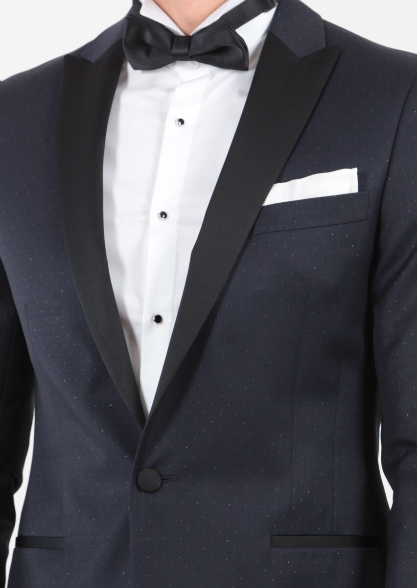 Koyu Lacivert Desenli Fashion Slim Fit Kruvaze Yaka Dokuma Smokin Takım Elbise - 3