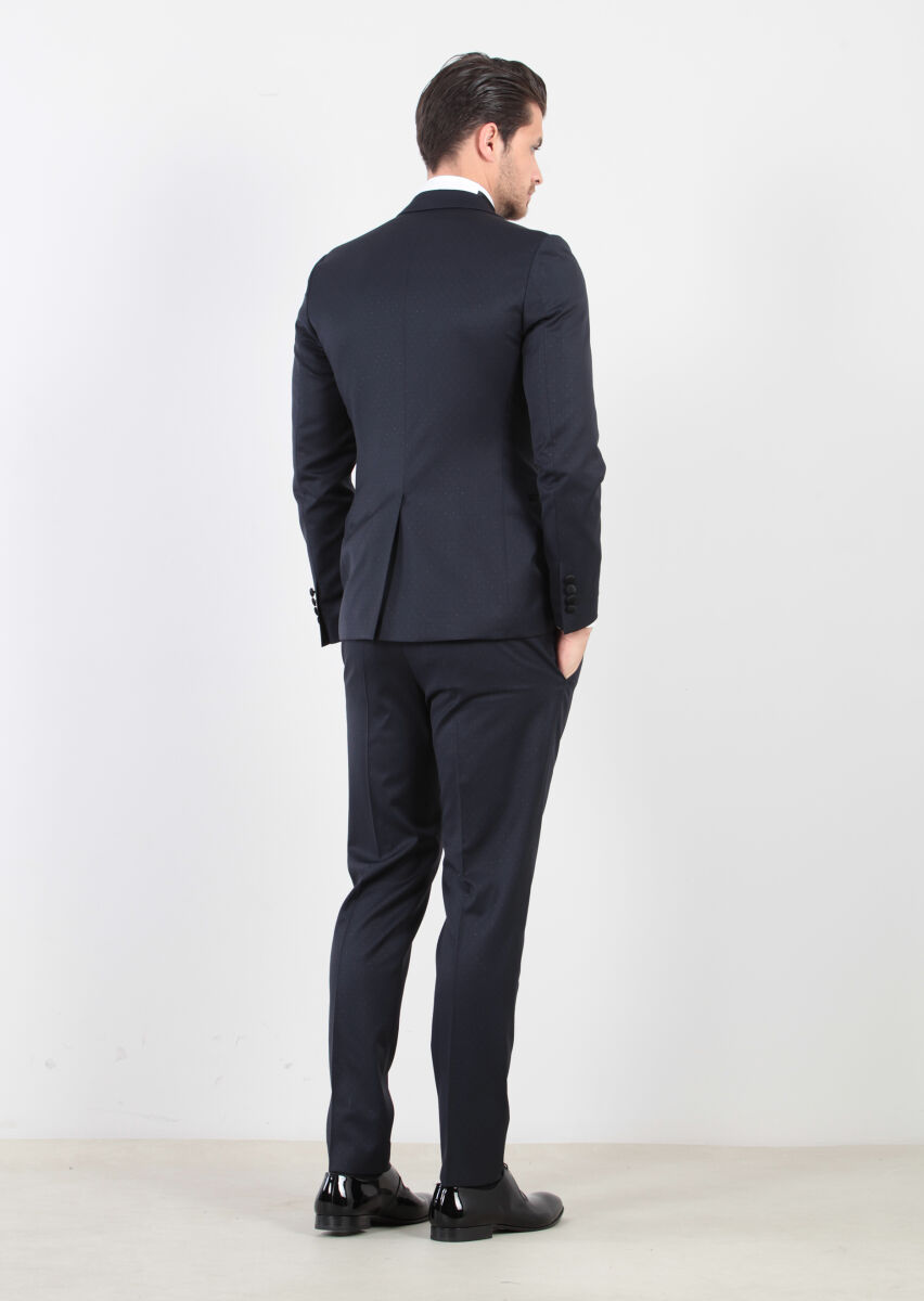 Koyu Lacivert Desenli Fashion Slim Fit Kruvaze Yaka Dokuma Smokin Takım Elbise - 4