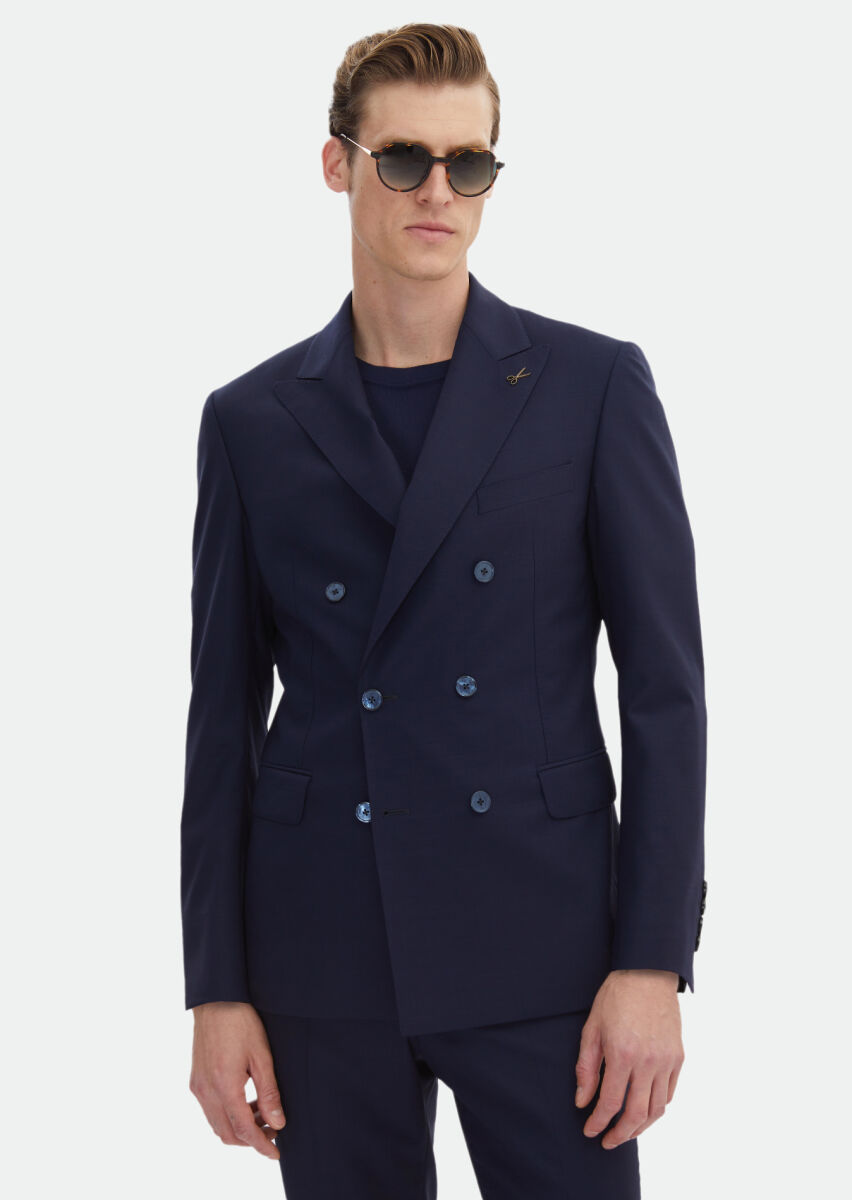 Koyu Lacivert Düz Zeroweight Slim Fit %100 Yün Takım Elbise - 1