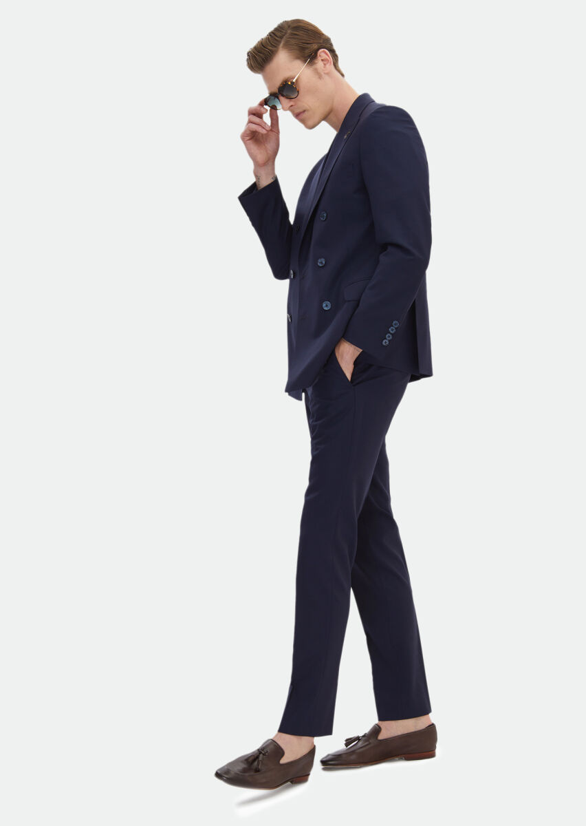 Koyu Lacivert Düz Zeroweight Slim Fit %100 Yün Takım Elbise - 2
